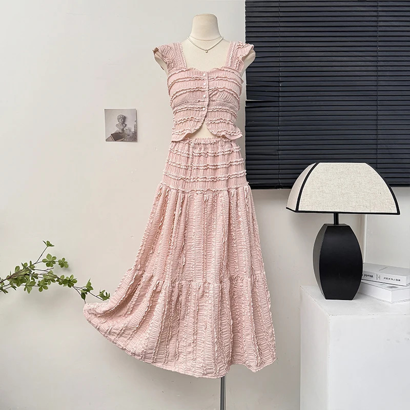 Summer Women Single Breasted Mini Camisole Elastic Waist A Line Long Skirt 2pcs Set Suits Beach Style 250520