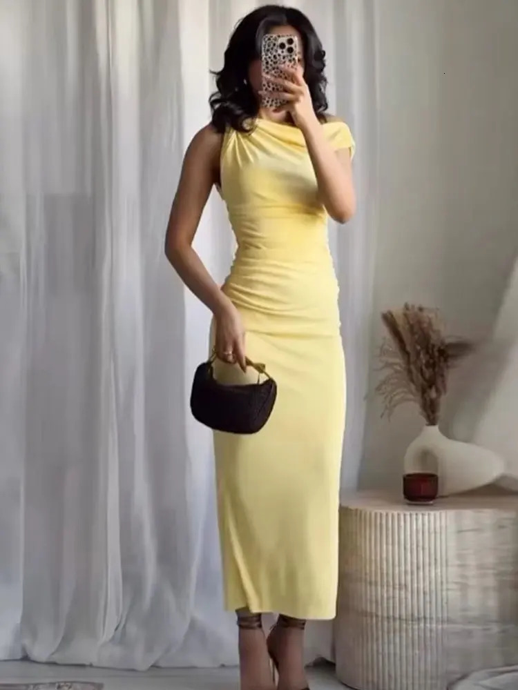 TRAFZA Elegant Yellow Dress For Women Sleeveless Draped Midi Dresses Sexy Off Shoulder Evening Y2K Summer Holiday Vestidos 250520