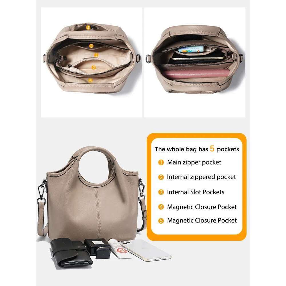 Zency Vintage Leather Shoulder Bag Women Small Designer Khaki Tote Crossbody Hobo Handbag Large Capacity For Shopper