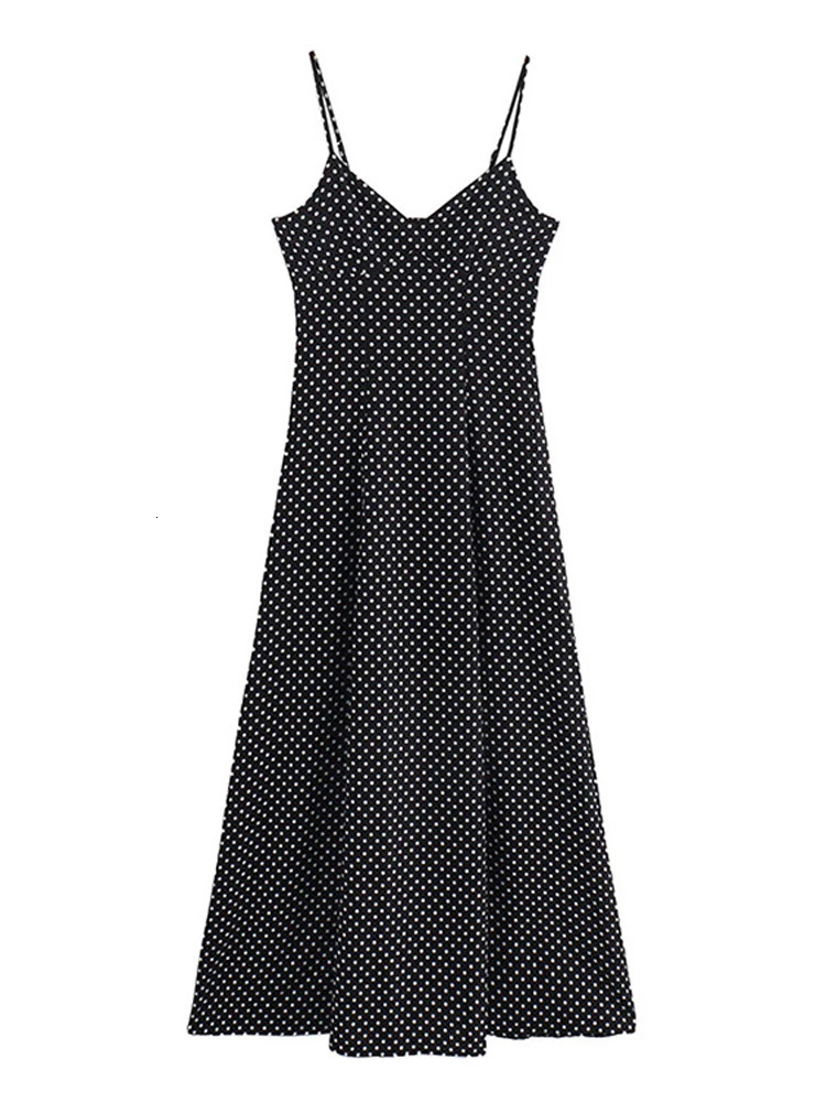 Dot Print Strapless Sling Womens Long Dress Elegant V Neck Sleeveless Pleated Maxi Dresses Female Spring Summer Party Robe 250520