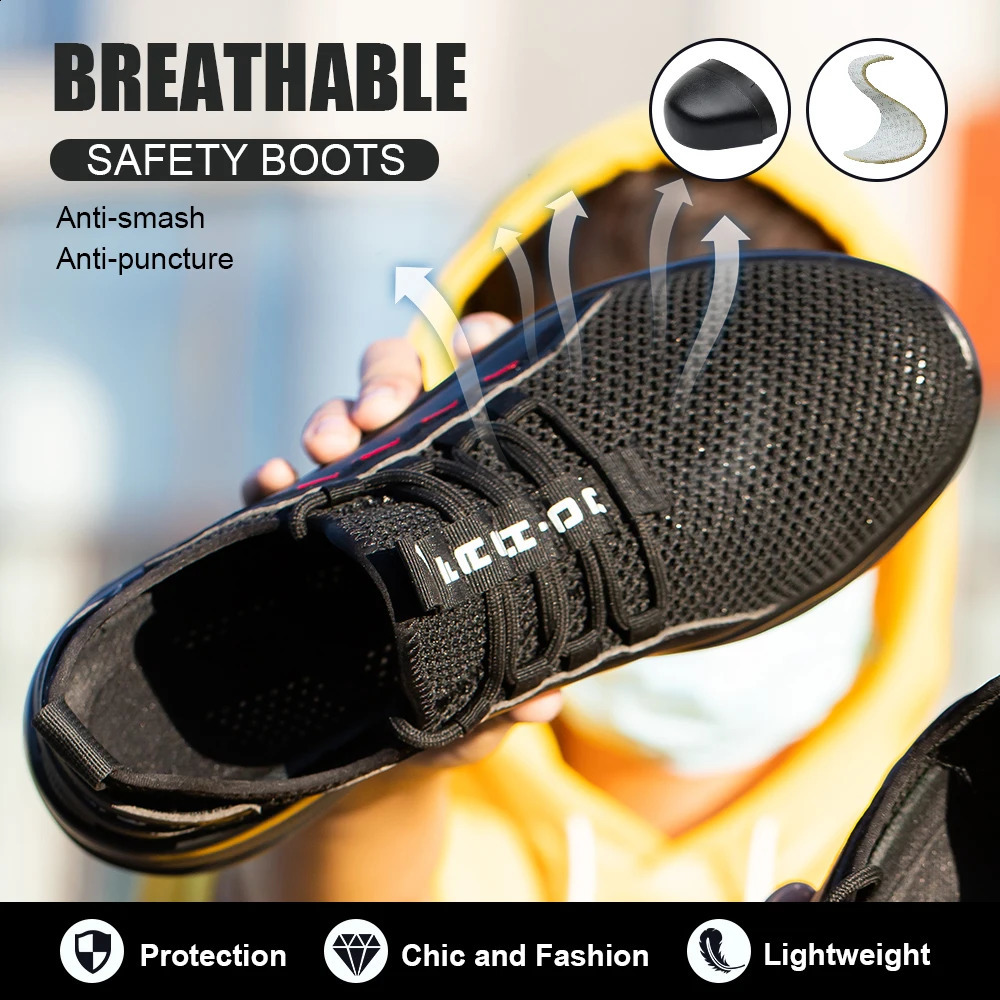 Mens Summer Mesh Safety Shoes Steel Toe Anti- Crush Breathable Lightweight Work Shoes Knitted Upper Insertion Proof 250519