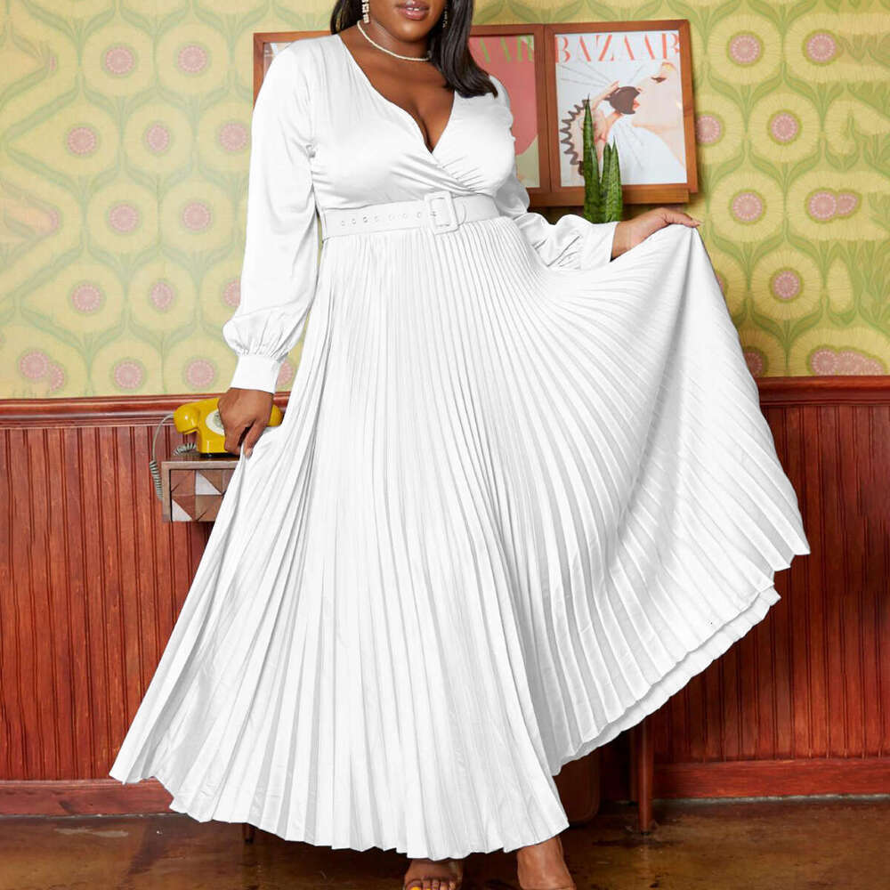 Women's Wear Large Size Women's Clothing New V-Neck Fashionable Temperament Solid Color Pleated Dress