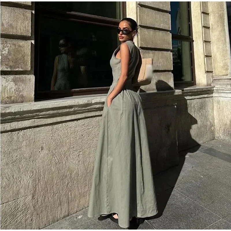 Summer Elegant Solid Sleeveless Women Maxi Dress Fashion V-neck Zipper Slim Cotton Linen Dresses 2024 Office Lady Commuting Robe250514