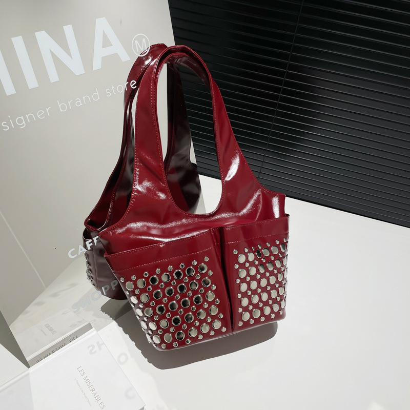 2025 Rivet Women's Fashion Shoulder Water Bucket Underarm Bag PU Leather Handbag