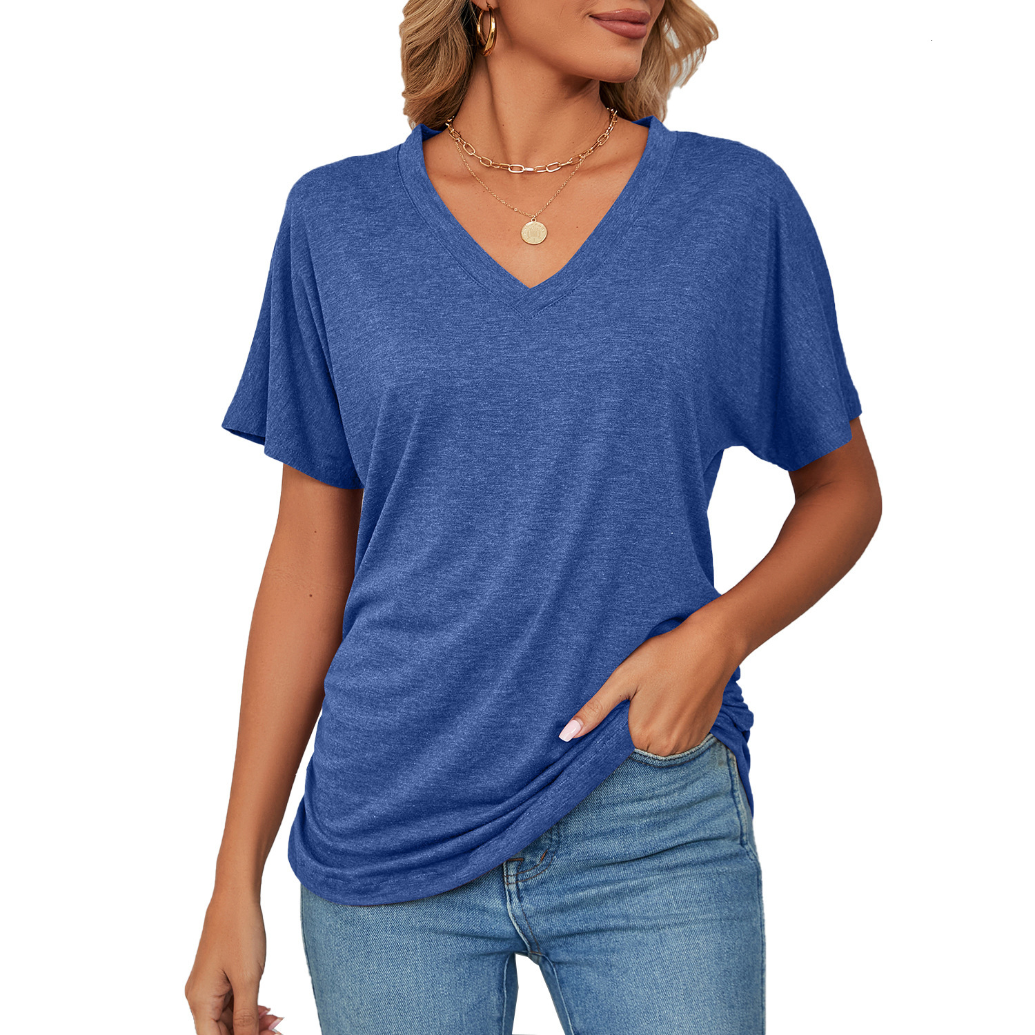 Designer Clothing 2025 Summer New Casual Pullover V-neck Solid Color Loose T-shirt Women's Top Fashionable