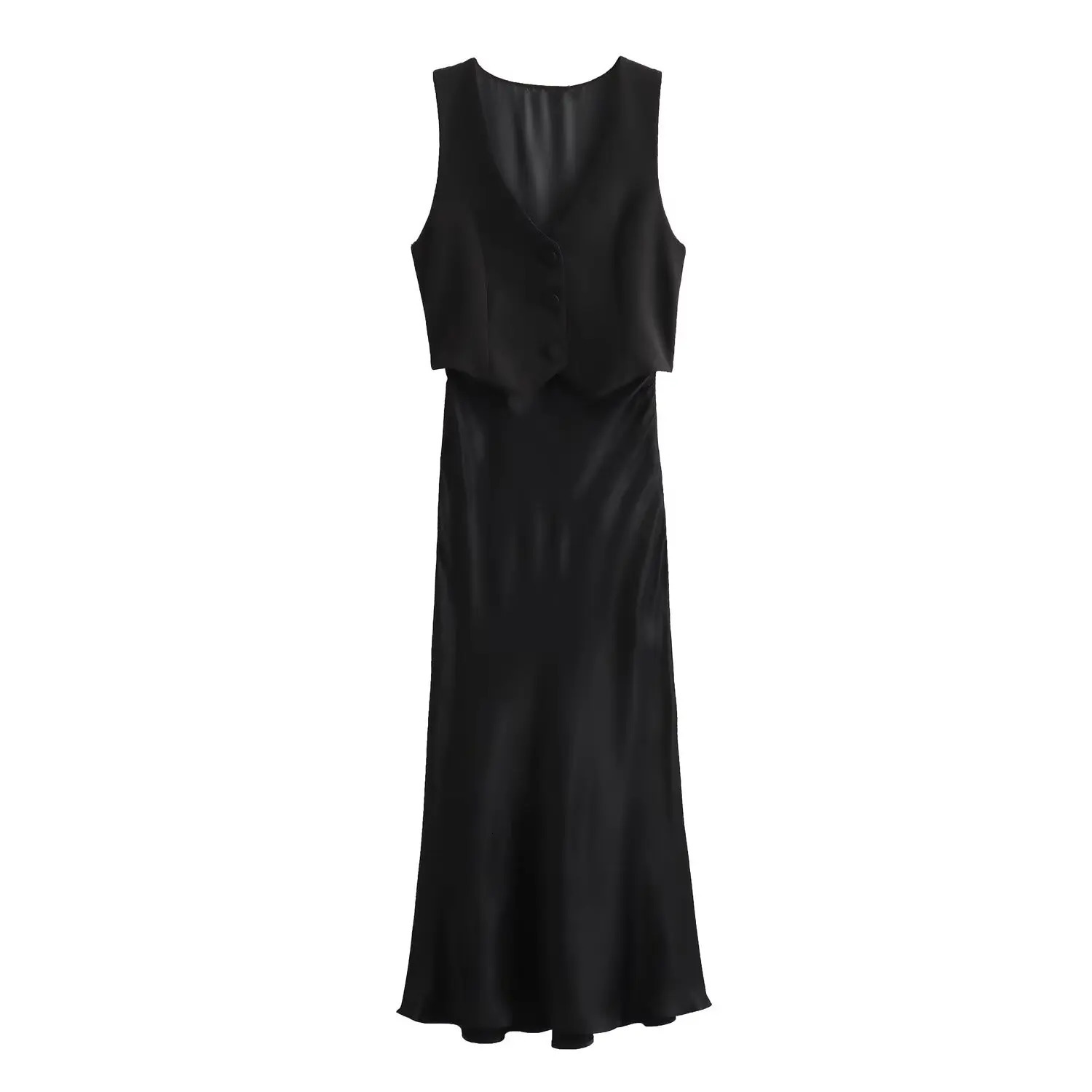 European and American style temperament versatile satin texture stitching sleeveless dress 250520