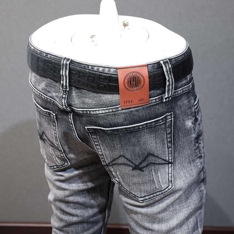 Newly Designer Fashion High Quality Retro Dark Gray Elastic Slim Fit Ripped Jeans Men Vintage Casual Denim Pants Homme