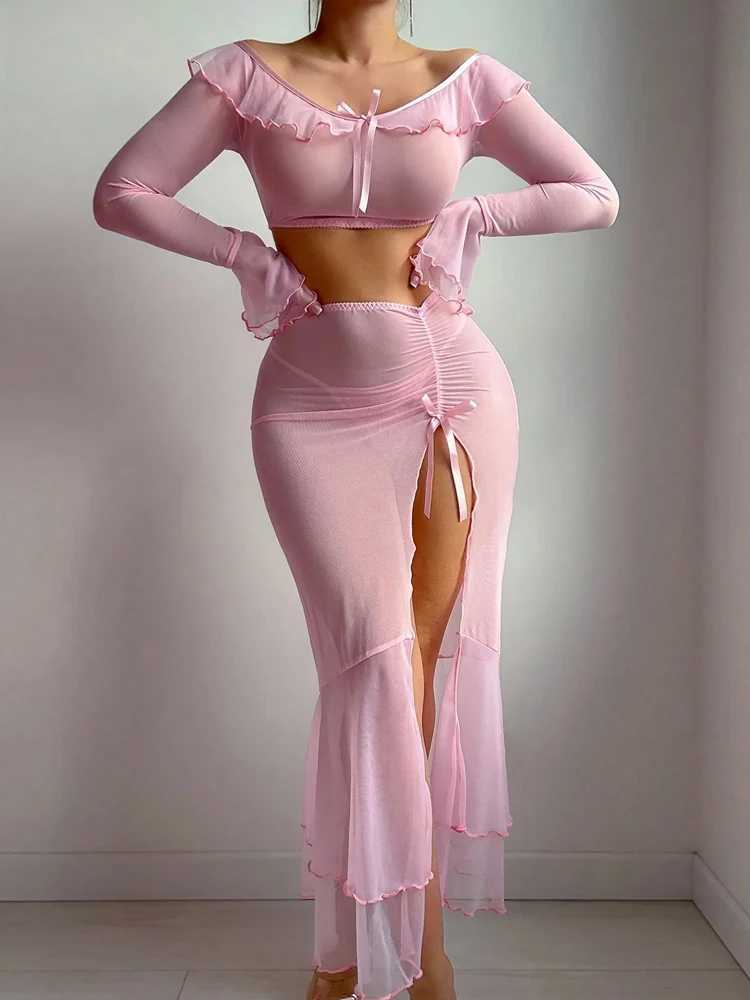 Sexy Suit Mesh Ruffled Slit Ruffled Lingerie Suit One-shoulder Slutty Hip-packing Skirt Sexy Slim Short Set New R250520