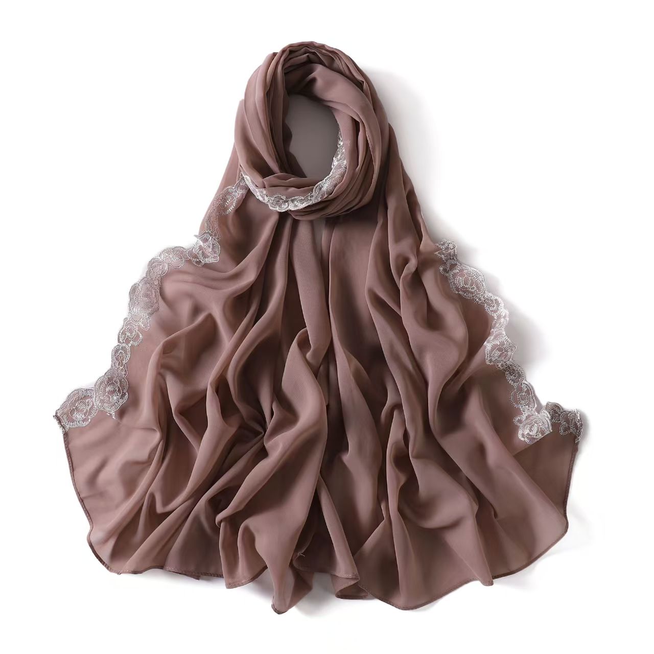 T757 lace trim solid color pearl chiffon long scarf Indonesian monochrome headscarf hijab scarf female