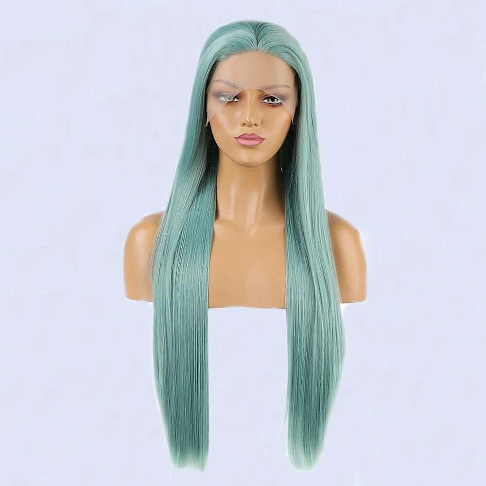 Natural Straight Synthetic Front Glueless Ready to Wear Long Green Wig Lace Wigs for Women Cosplay