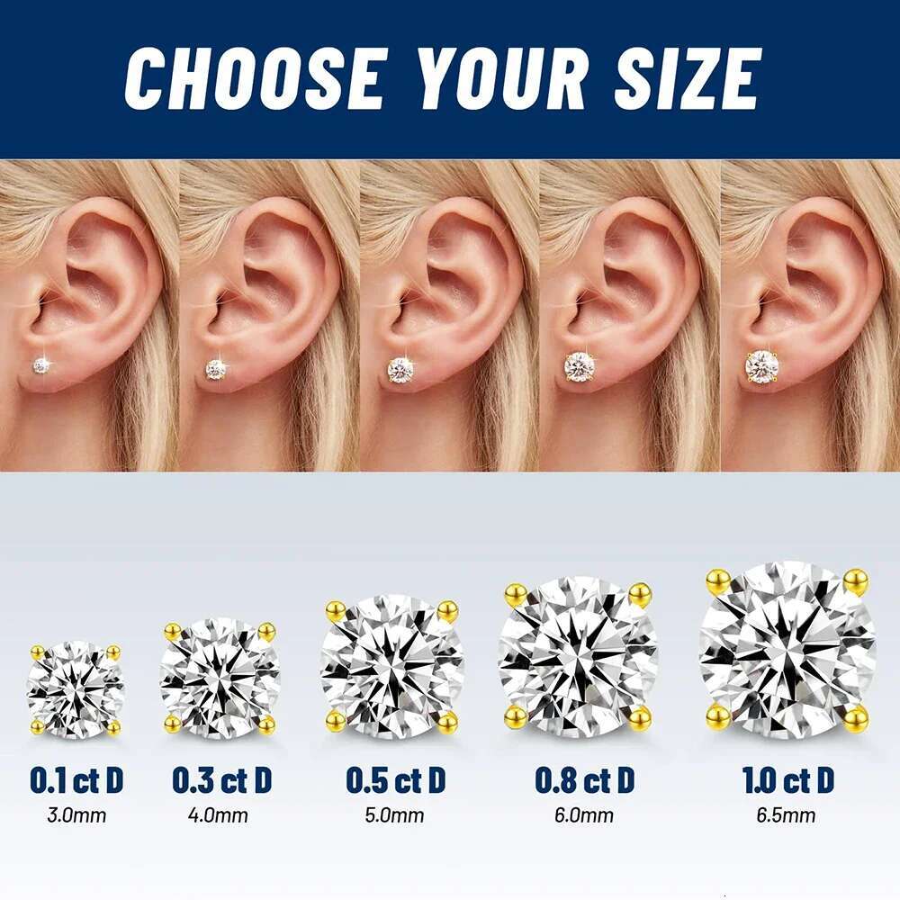 18K Gold Plated 0.1-5CT Moissanite Studs Earrings for Women Men 925 Sterling Silver Screw Back Earring Wedding Jewelry With GRA