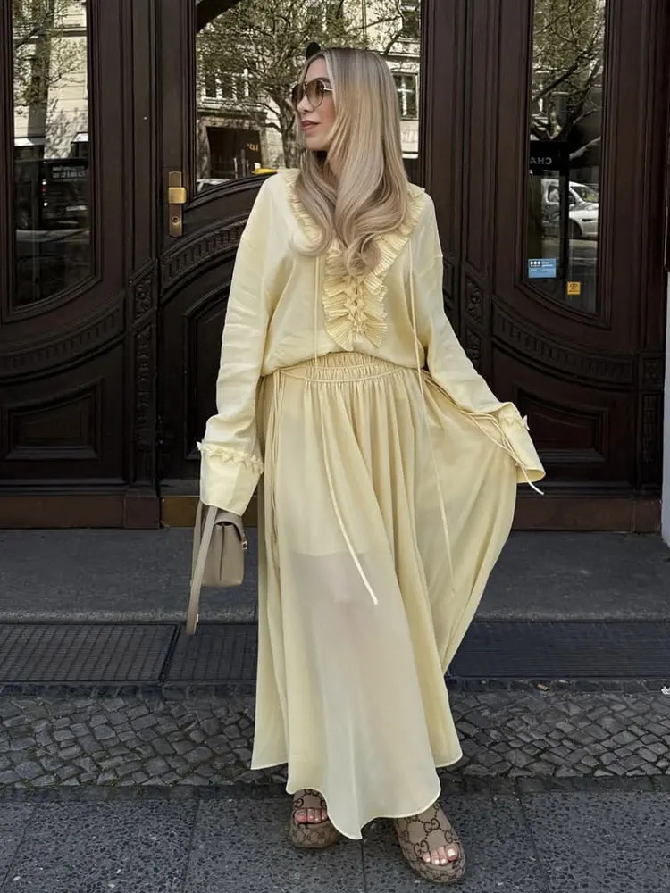 TRAFZA Women Yellow 2 Piece Set Elegant Ruffled Laceup Shirts High Waist Pleated Midi Skirt Summer Lady Street Outfits 250520