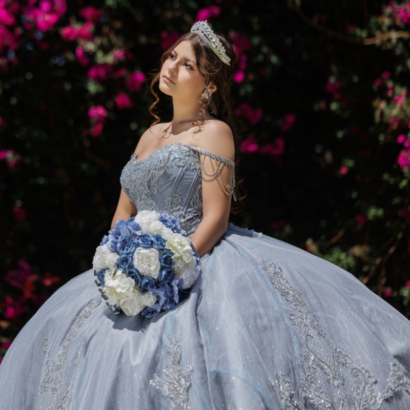 Blue Grey Quinceanera Dresses Off Shoulder Ball Gown Sweet 16 Dress Applique Lace Beading Tull Birthday Party Vestidos 15 De Anos