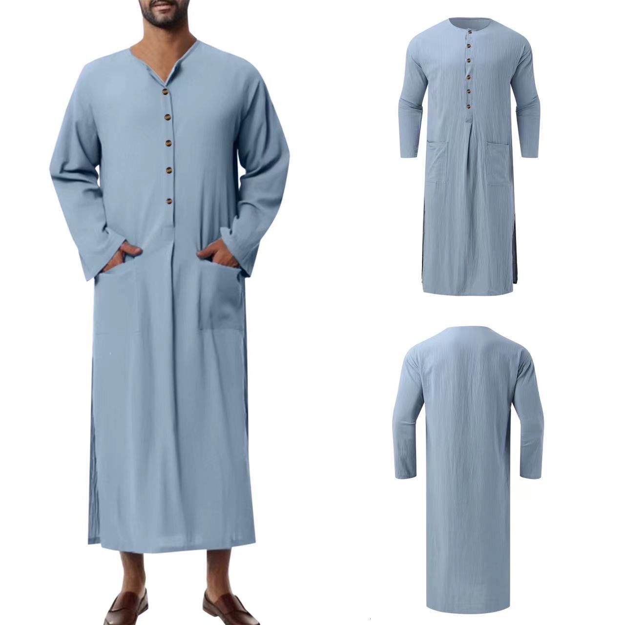 Male 2025 New Designer Clothing Muslim Arab Malaysian Casual Button Solid Color Long Sleeved Pocket Loose Robe