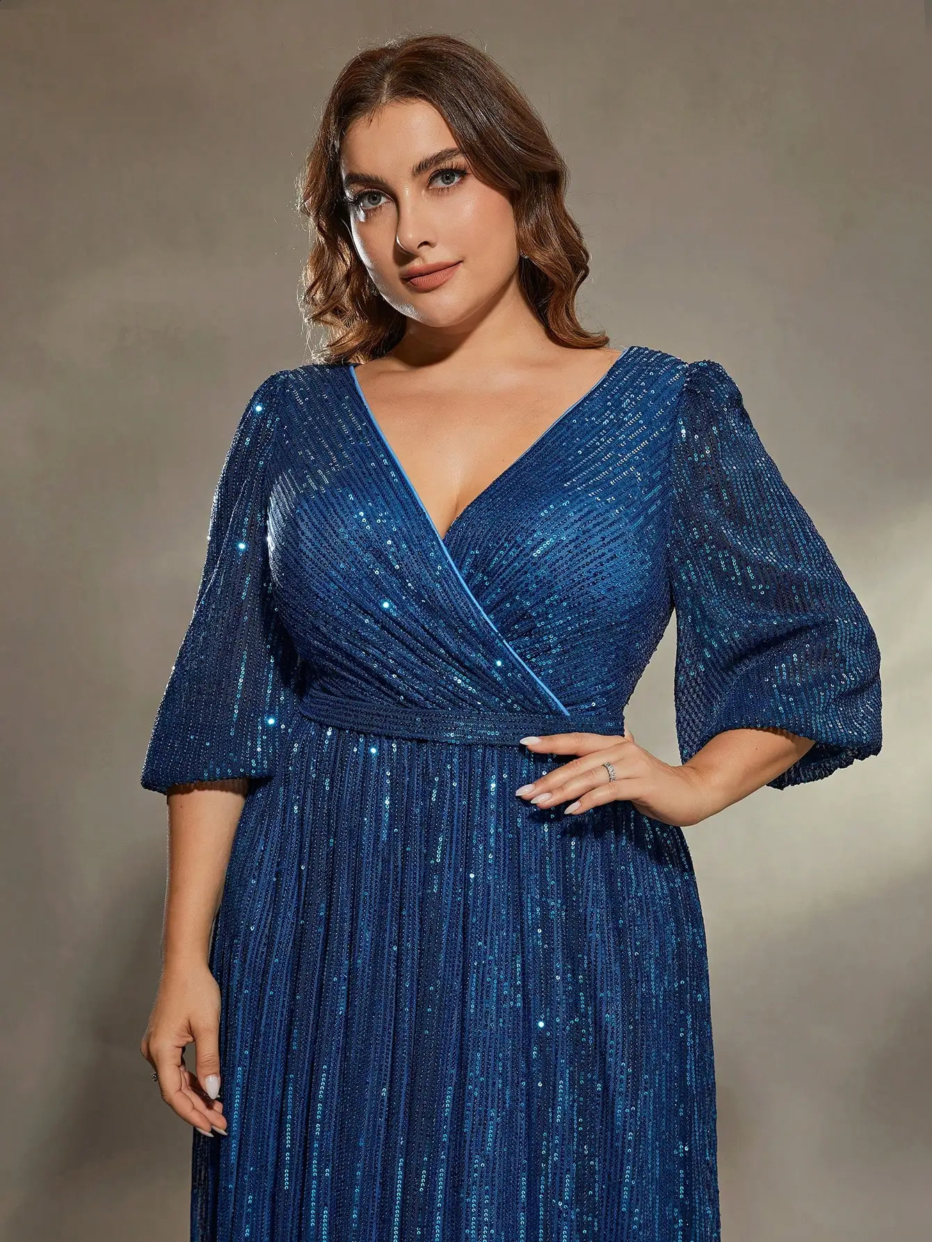 Mgiacy plus size V-neck bust pleated mid-long sleeve A-frame sequin long dress Evening gown PROM dress Party dress 250519