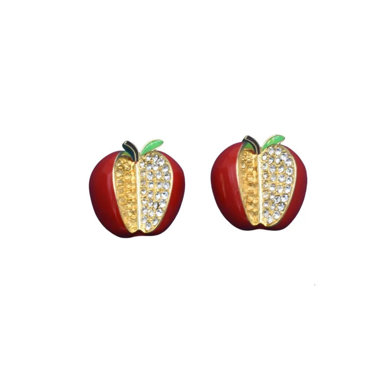 Middle Vintage French Style Retro Rhinestone Paved Red Enamel Craft Apple Stud Earrings for Women Gifts for Girls Cute Ear Rings 250517