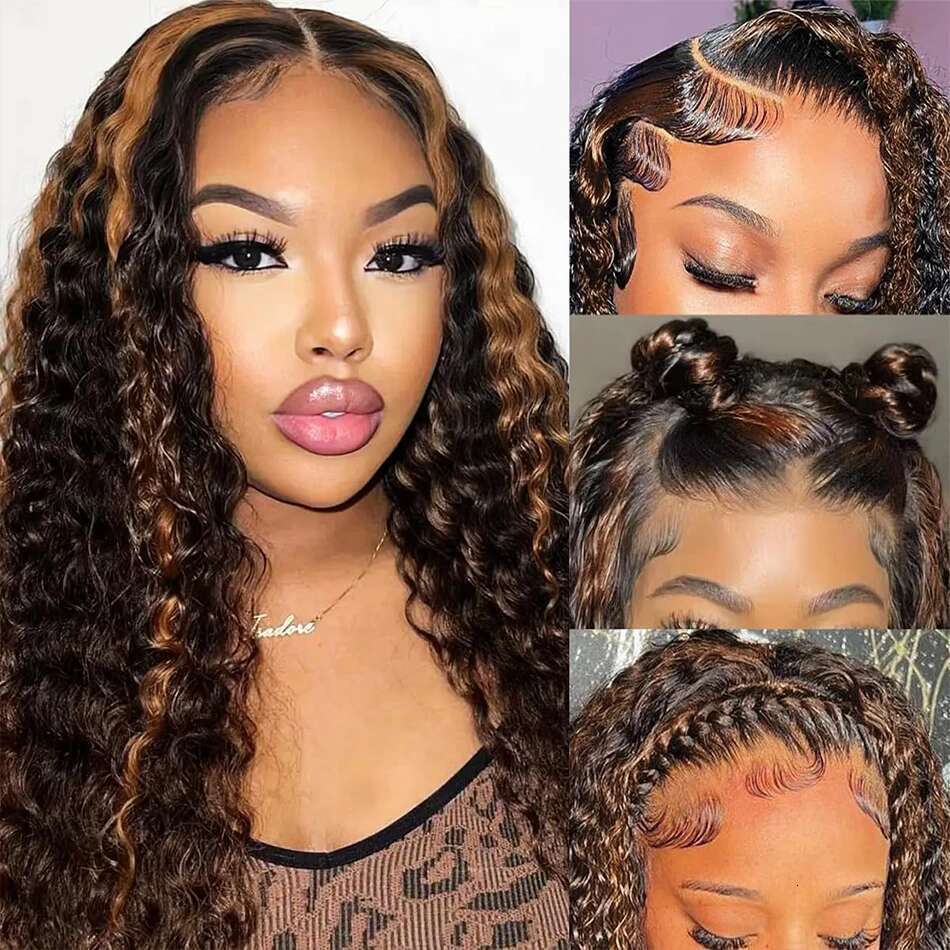 Ombre Highlight Deep Wave Front Wigs Human Hair 1B/30 Colored Water Curly 13x4 Lace Frontal Wig Pre Plucked for Women