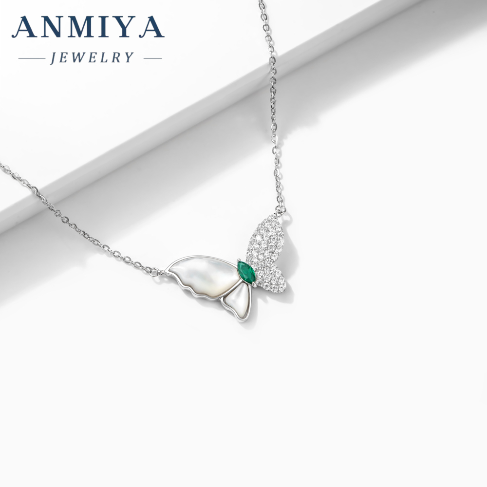 Butterfly Chain Crafted 925 Sterling Silver Necklace Fashion Green Zircon Jewelry Necklaces for Women