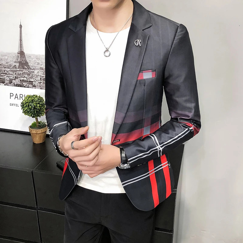 Blazer Men Boutique Fashion Plaid Mens Slim Casual Suit Jacket Male Ball Social Coat Host Clothing 250520