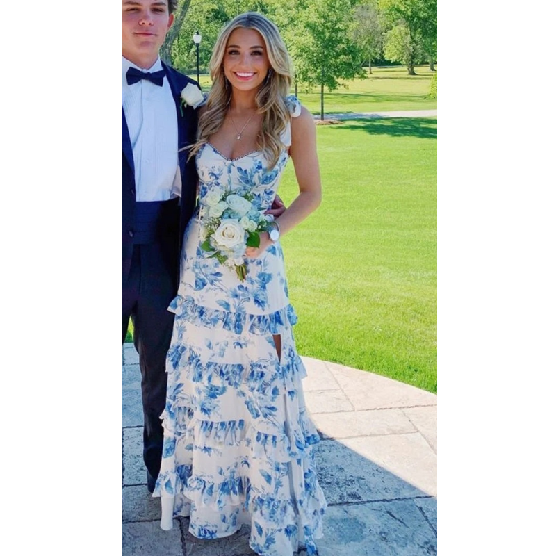 Spaghetti Straps Blue Floral Print Prom Dress Ruffles Tiers Evening Gown Floor length Side Slit Birthday Party Special Occasion Dresses 2025