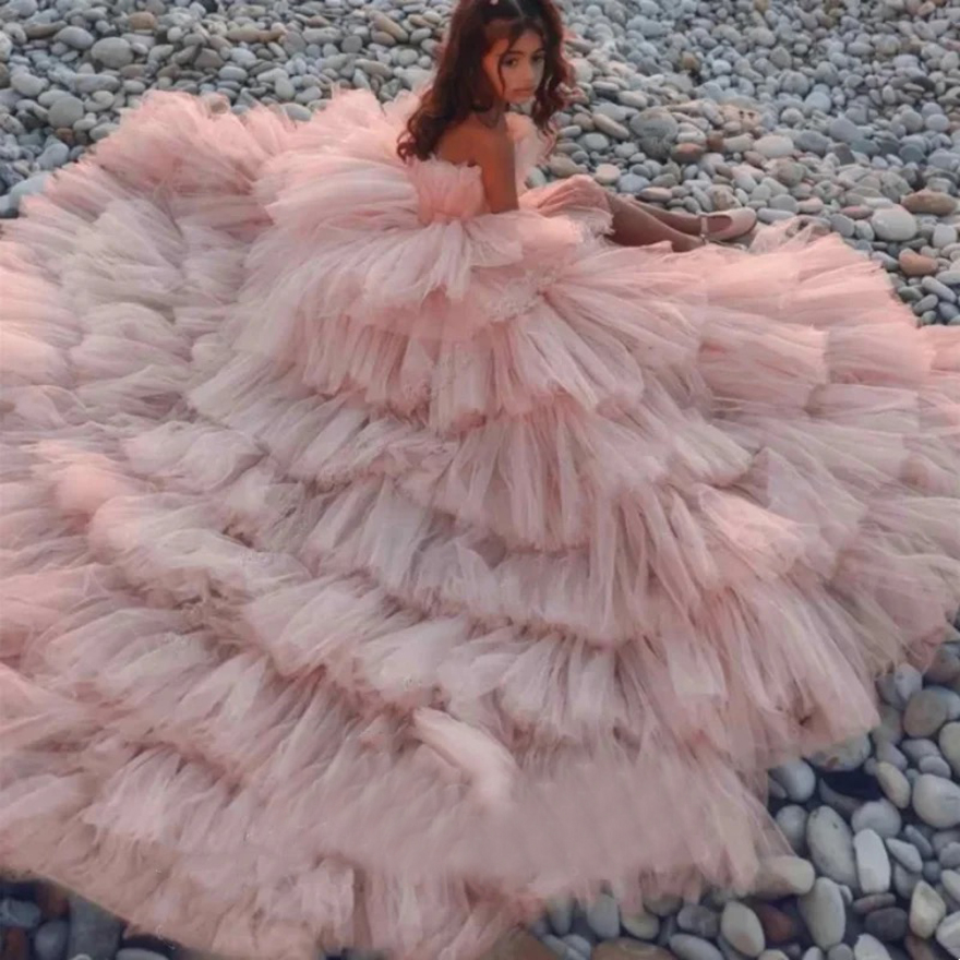 Customized Kids Strapless Party Pageant Dresses Tiered Princess Birthday Photoshoot Dress High Low Flower Girl Dresses For Beach