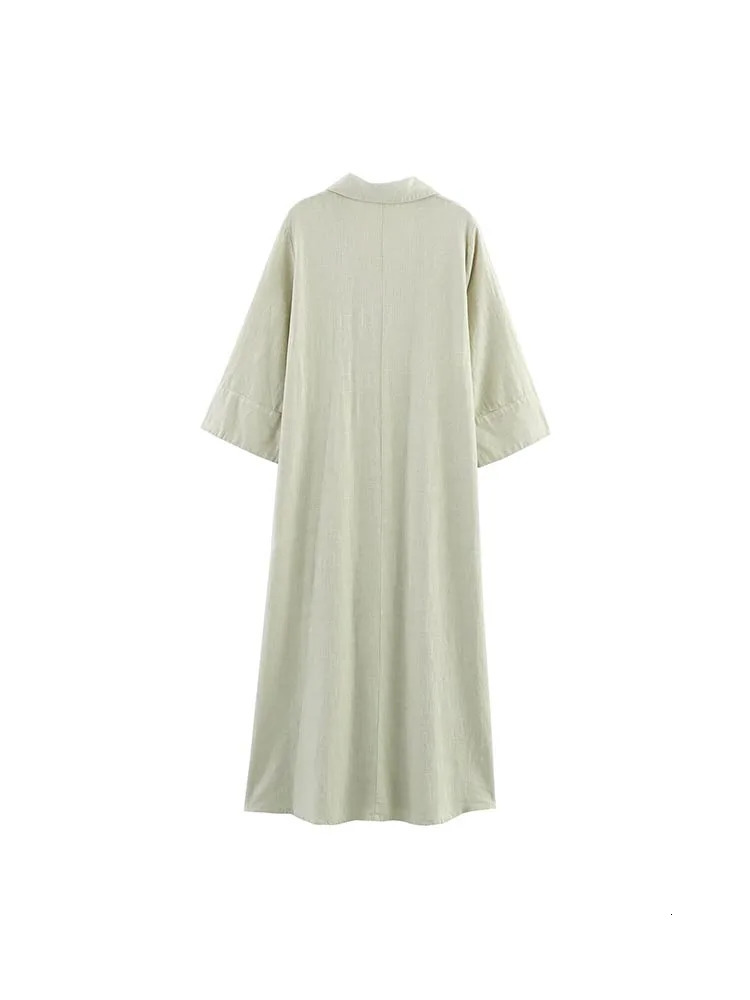 Women Summer Shirts Dress Vintage Solid Linen VNeck 34 Sleeve Loose Female Elegant Street MIDI Dresses Clothing 250520