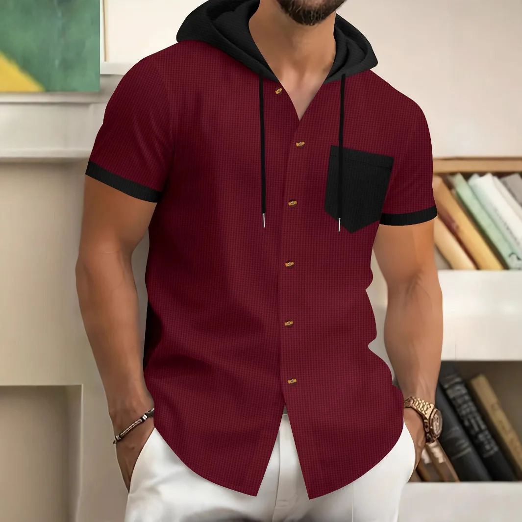 Mens Summer Waffle Hooded Cardigan ShortSleeved Jacket TwoTone Pocket BuckleButtoned Casual Knitwear 250520