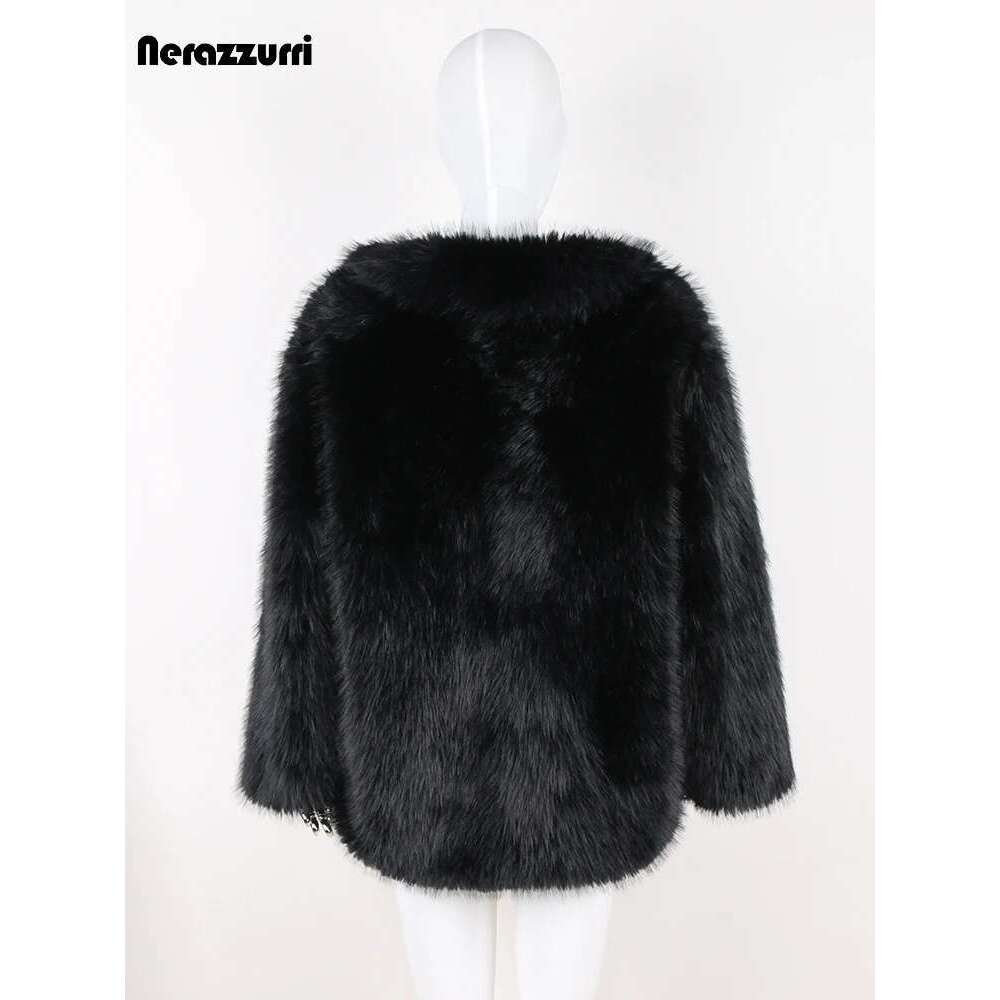 Nerazzurri Autumn Winter Black Thick Warm Hairy Shaggy Soft Faux Fox Fur Coat Women Long Sleeve Loose Casual Fluffy Jacket 2024