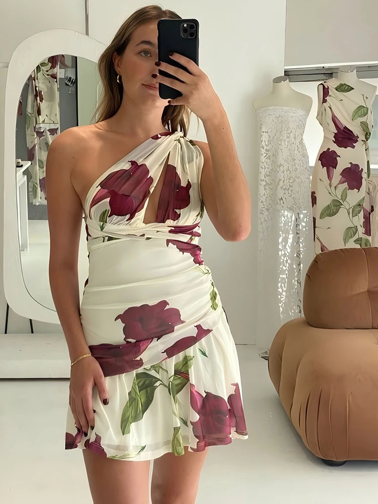 Mozision Backless Ruffle Print Sexy Mini Dress Women Robe Elegant Fashion Halter Hollow Out Sleeveless Ruched Draped Club 250520