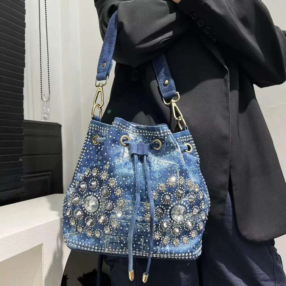 Women's Fashion Elegant Shoulder Bag Large Capacity Drawstring Dia Denim Handbag