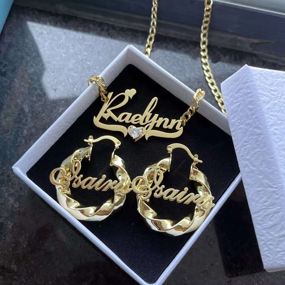 Autumn Cold Personalized Nameplate Heart shaped Zircon Necklace Letter Circle Earring Name Jewelry Set