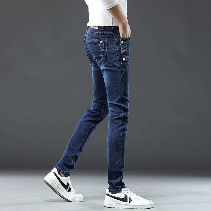 Classic Slim Vintage Men's Designer Jeans Snowflake Grey Wash Korean Fashion Stretch Pants Multi-button Denim Trousers