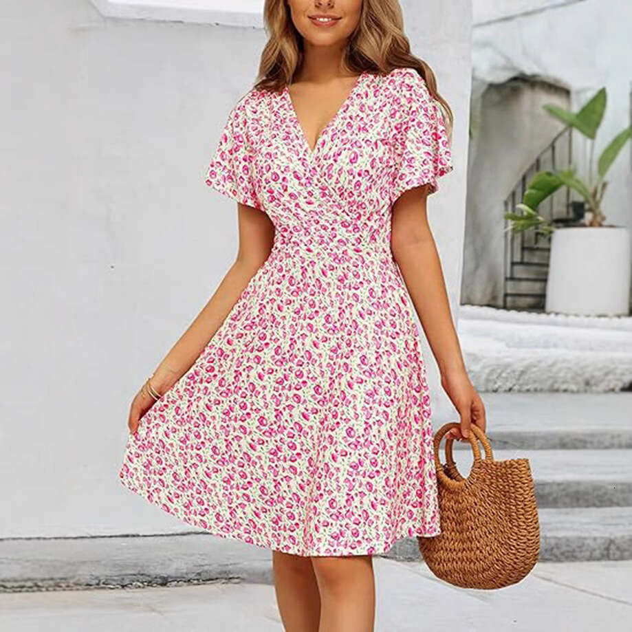 Whitedress Dresses Women Dress Vestido Buttock Vestido De Mujer 2025 New Womens Sun Skirt Summer Flower Short Sleeve Package V-neck A-line Midi Dress