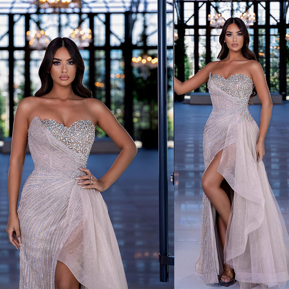 Sparkly Crystal Evening Dresses Rhinestone Prom Dress Strapless Sleeveless Beading Side Split Princess Mermaid Sweep Train Party Gowns Vestidos De Noc