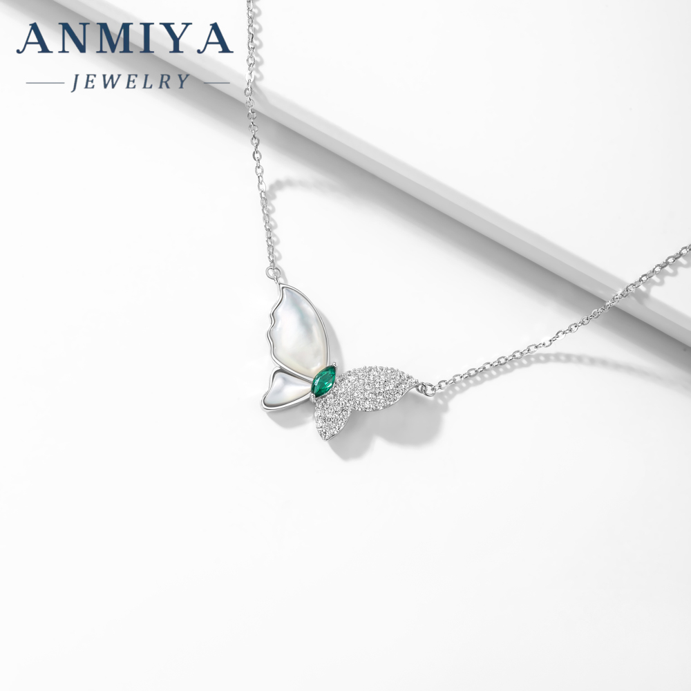 Butterfly Chain Crafted 925 Sterling Silver Necklace Fashion Green Zircon Jewelry Necklaces for Women