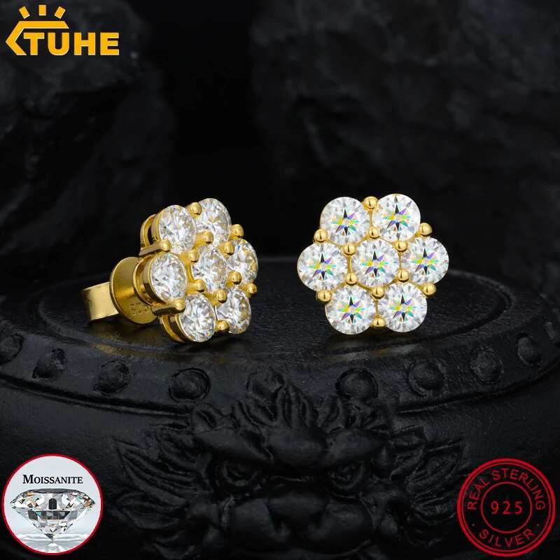 TUHE Unisex Test Passed Round Ice out Moissanite Earring Classic Silver 925 Fashion Earrings Engagement Gift