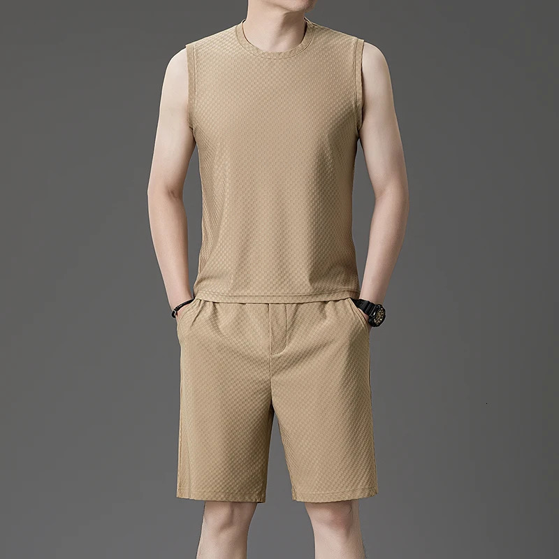 Mens Casual Business Loose and Comfortable Ice Silk Quick-drying Vest Two-piece Set Breathable T-shirt Shorts Sports Casual 250519