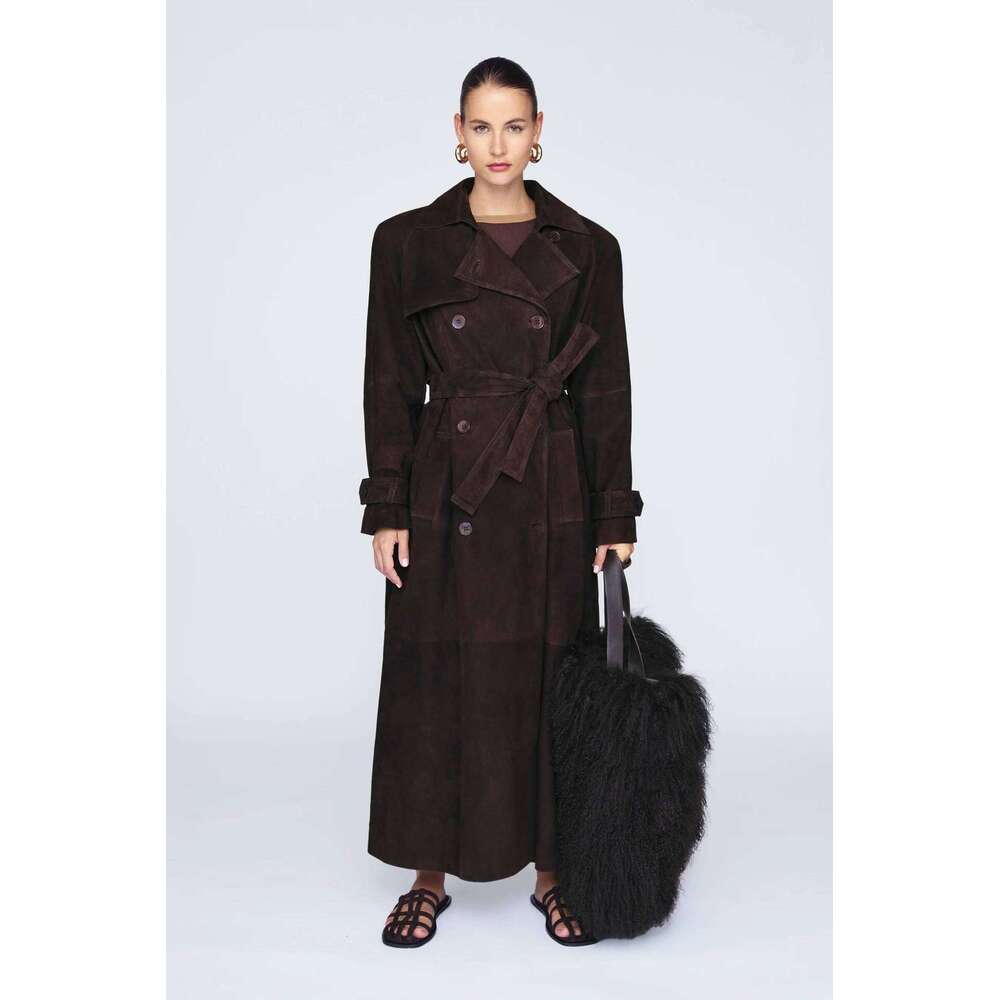 Tie up waist long coat, European American fashionable women's autumn and winter temperament elegant double breasted New Year's casual versat