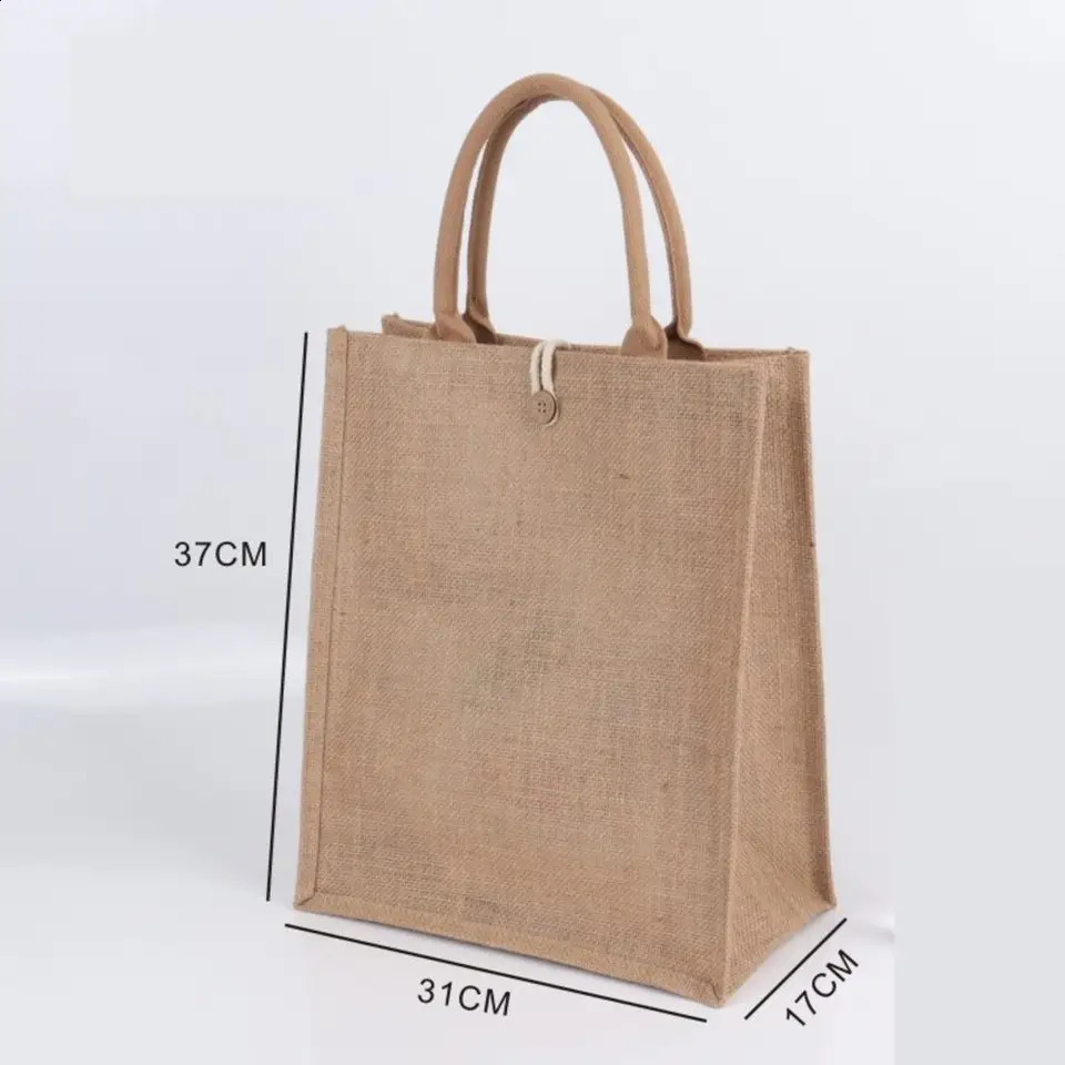 Large Capacity Shopping Bag Versatile Jute Tote Bag Portable Lunch Bag Linen Button Reusable Burlap Bag Gift Packing Handbag 250516