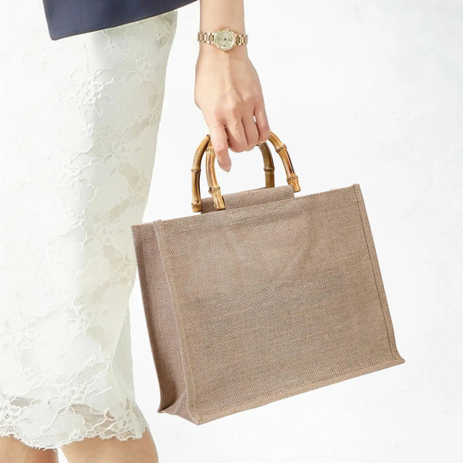 Creative Linen Beach Tote Bags for Women Bamboo Handle Reusable for Grocery Shopping Gift Packaging Top-Handle Bag 250516