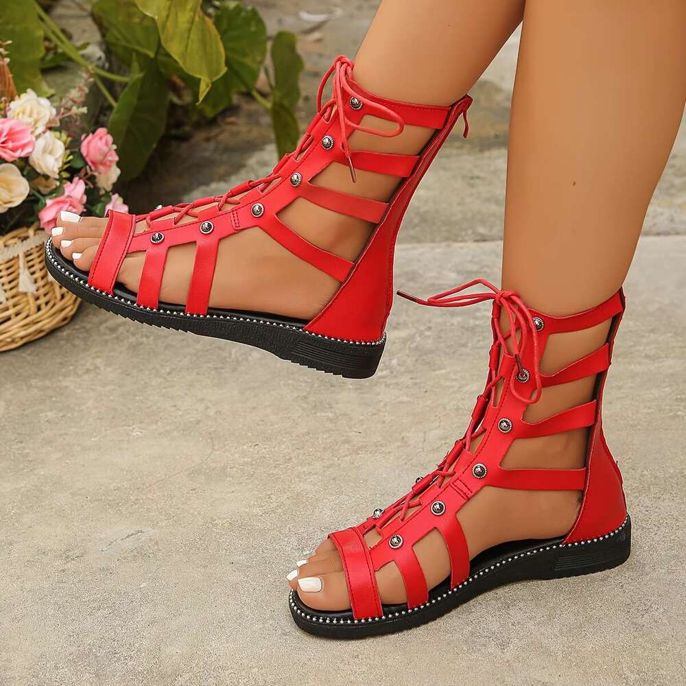 Women's Cutout Design Flat Casual Open Toe Lace Up Sandals, Comfortable Back Zipper Summer Sandals
