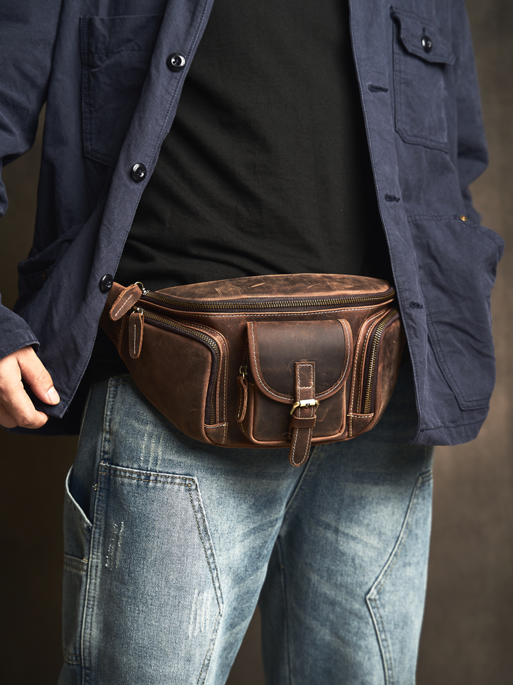 Hot Sale Men Crazy Horse Leather Casual Fashion Chest Sling Bag 8" Tablet Design Triangle One Shoulder Cross-Body Bag Male