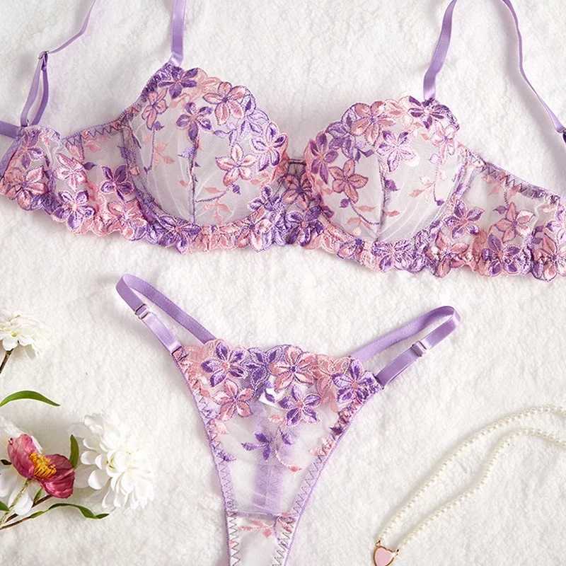 Sexy Purple Sexy Lingerie for Women Mesh Hollow Out See-Through Thin Embroidered Sexy Interesting Lace Underwear Set New R250520