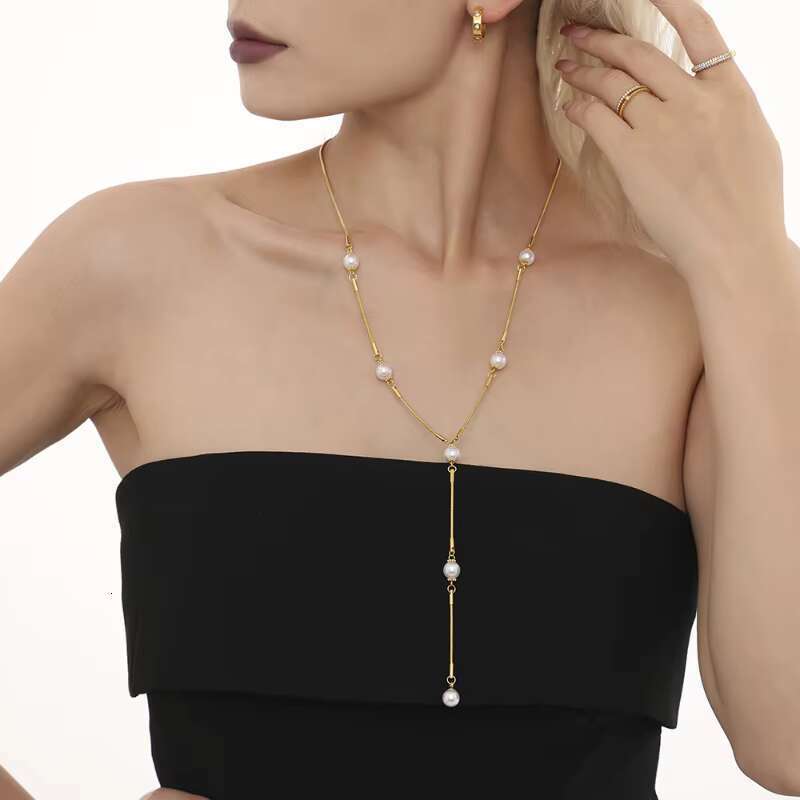 G4058 stainless steel collarbone sweater chain pearl pendant Y tassel women's necklace