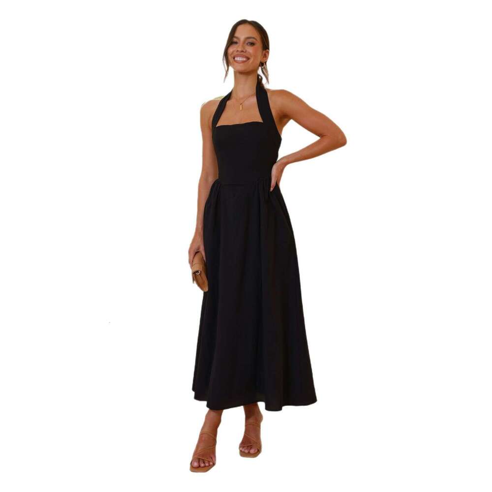 European and American women's 2025 solid color square cinched waist hanging neck backless dress new style temperament chic elegant clothing