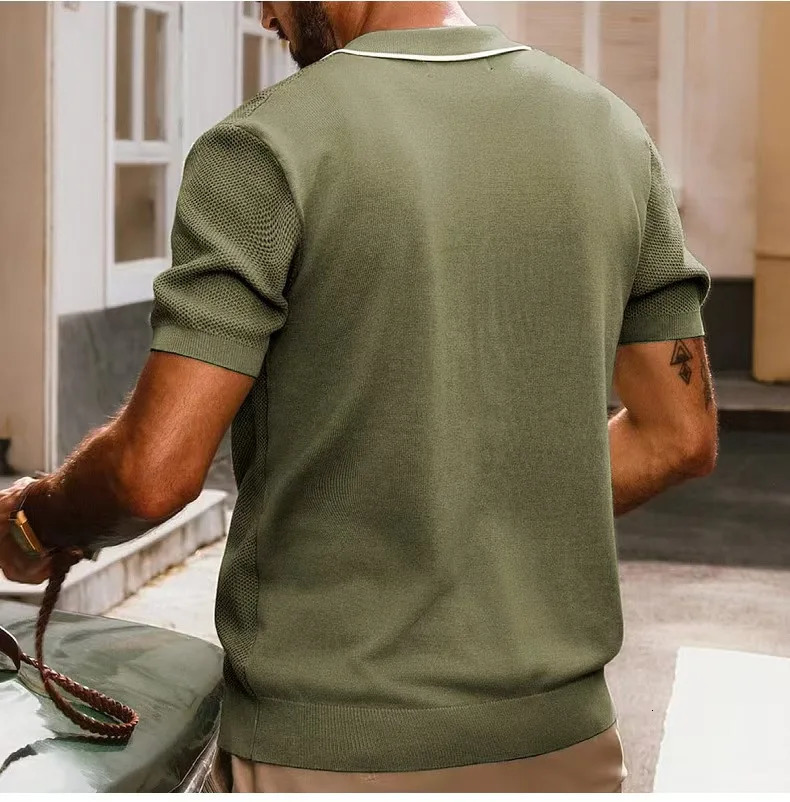 Spring Summer Knitting Polo Shirt Men Casual Turndown Collar Button Solid Top Short Sleeve Ice Silk Tee Vintage Cardigan 250520