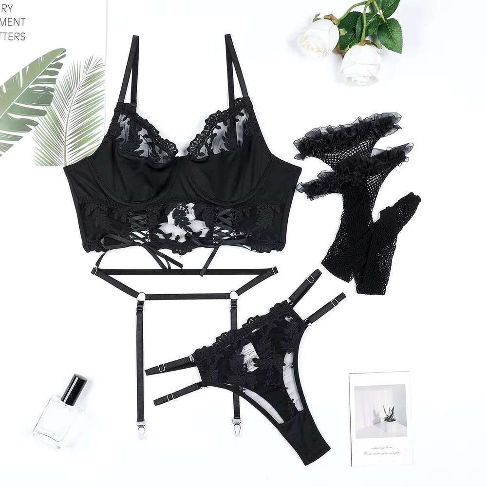 Chuangerm Custom 2025 Sexy Embroidery Chest Solid Color Splicing Design Strap Waist 4Pcs Women Lingerie
