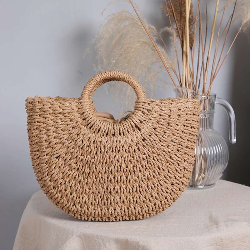 Summer Handmade Bags For Women Weaving Ladies Straw Wrapped Beach Bag Moon Shaped Top Handle Handbags Totes