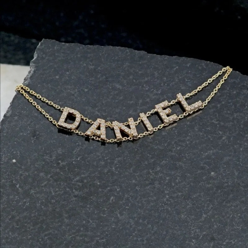 18K Gold Double Chain Pave Initial Bracelet Personalized Name Bracelet Special Gift For Her 250520