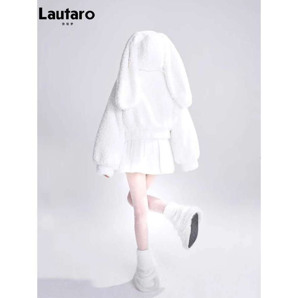 Lautaro Autumn Winter Sweet Cute Lovely Warm Soft White Short Faux Fur Coat Women With Bunny Ears Fluffy Jacket Hoodie 2023